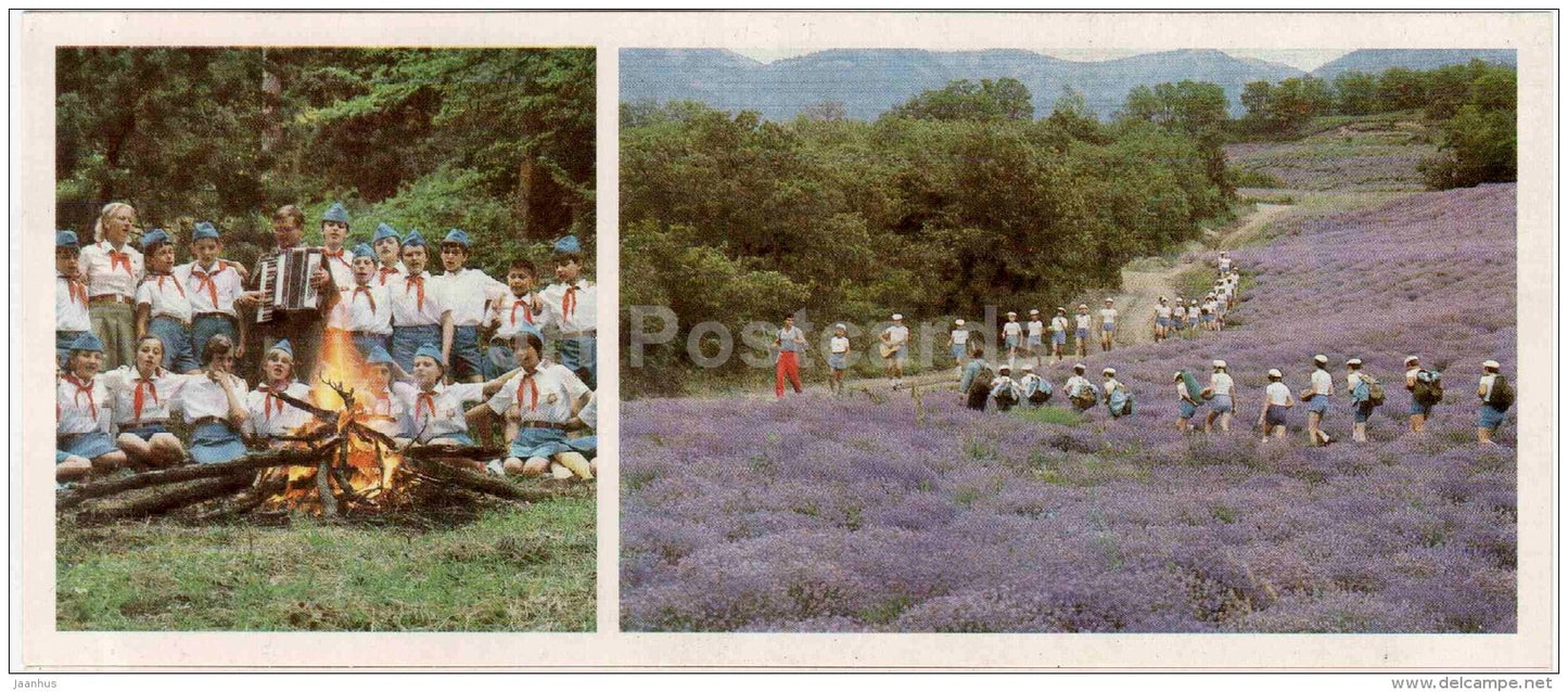hiking - bonfire - pioneer camp Artek - 1985 - Russia USSR - unused - JH Postcards
