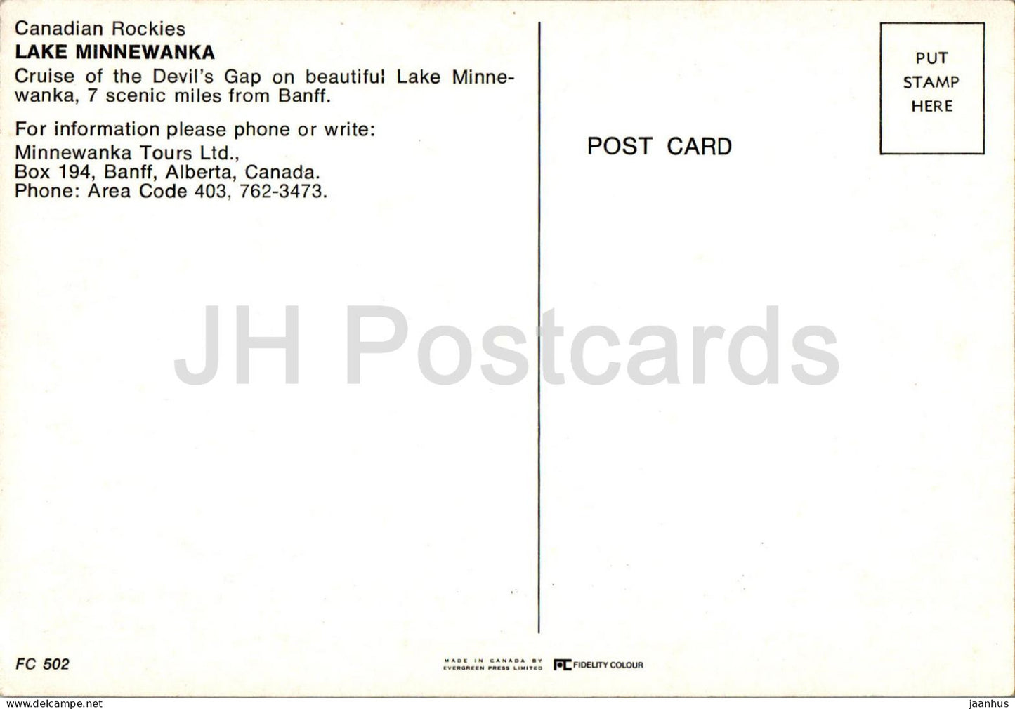 Rocheuses canadiennes - Croisière du Bonnet du Diable sur le magnifique lac Minnewanka - bateau - FC 502 - Canada - inutilisé 