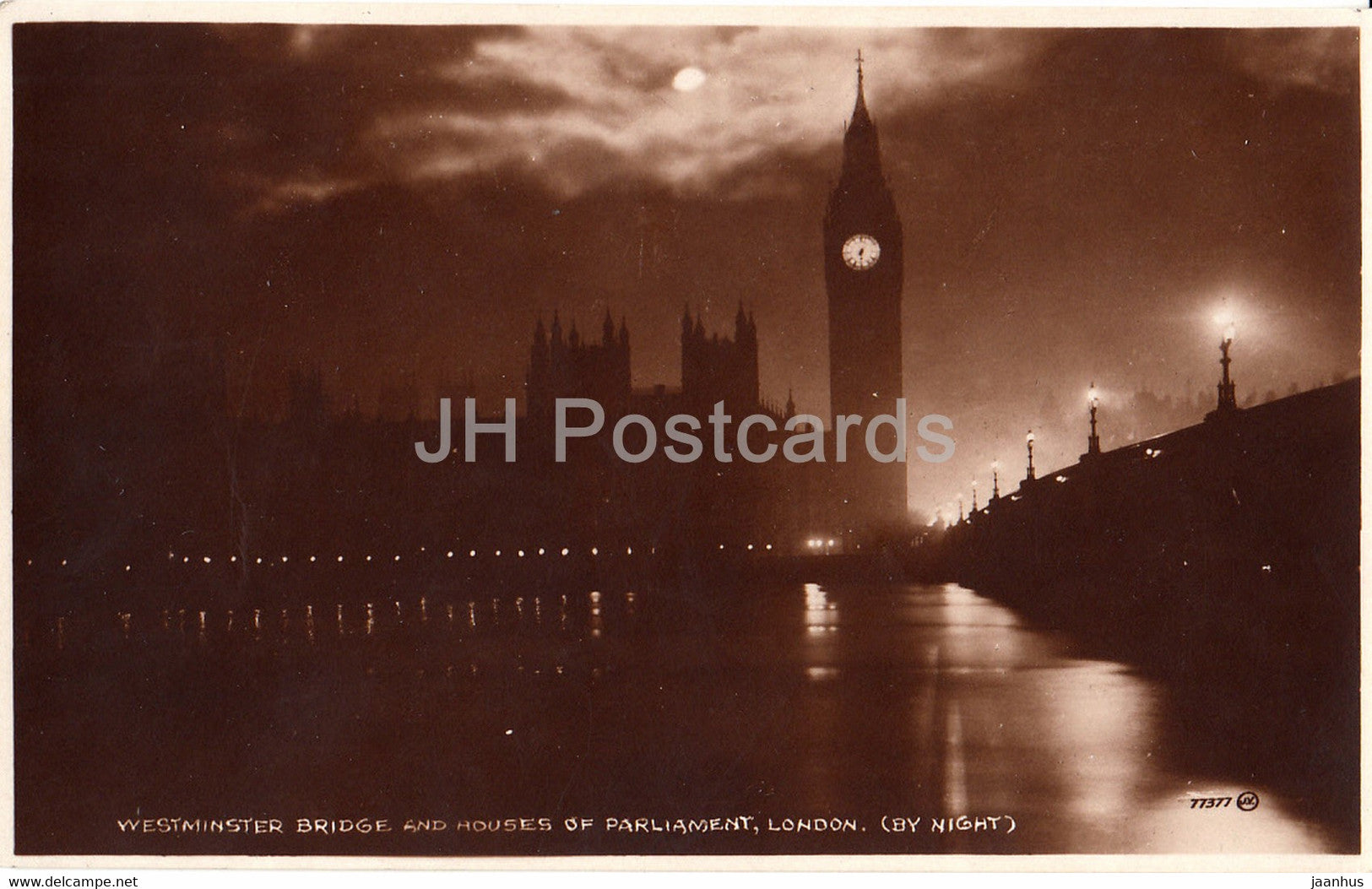 London - Westminster Bridge and Houses of Parliament by Night - old postcard - England - United Kingdom - unused - JH Postcards