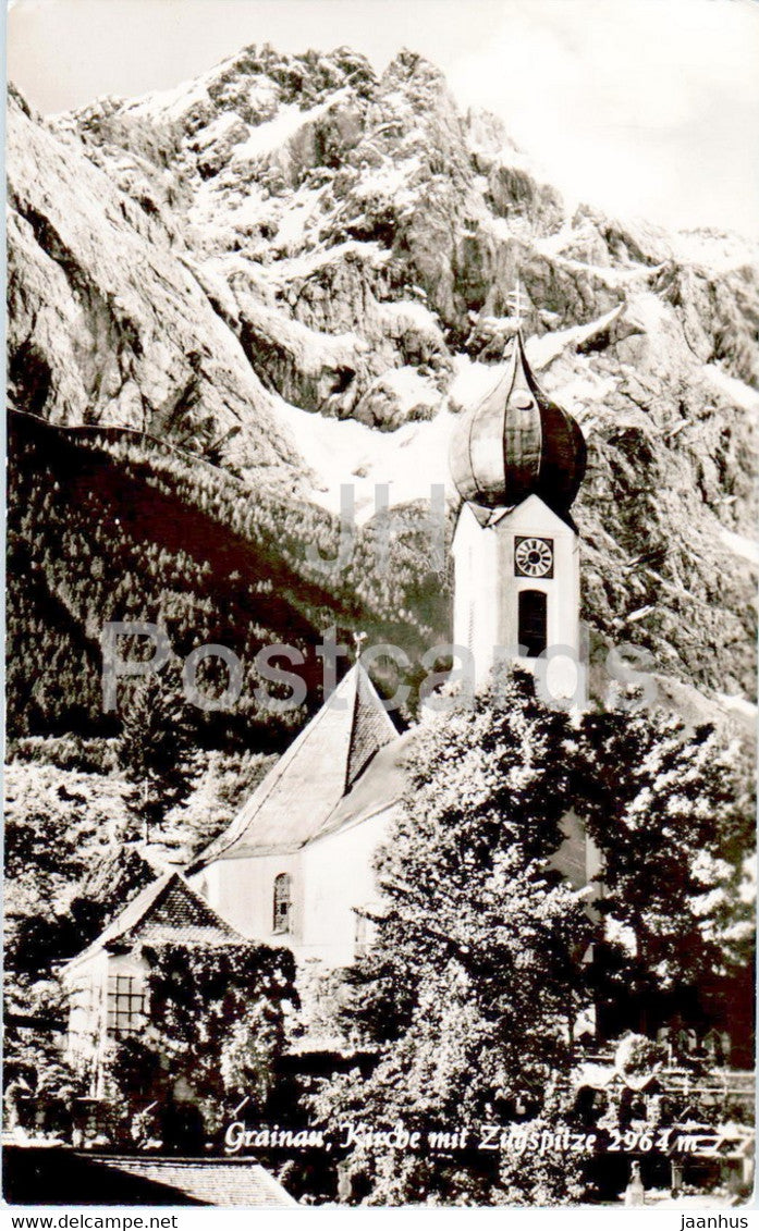 Grainau - Kirche mit Zugspitze 2964 m - church - old postcard - 1958 - Germany - used - JH Postcards