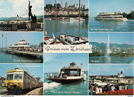 Grusse vom Zurichsee - ship - train - ferry - steamer - gepackannahme seal - 1984 - Switzerland - used - JH Postcards