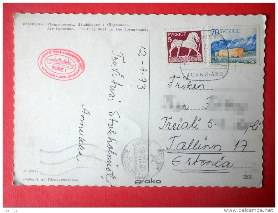 air panorama - the city hall - Stockholm - Sea Mail - Bore I - 130/317 - Sweden - sent from Sweden to Estonia USSR 1973 - JH Postcards