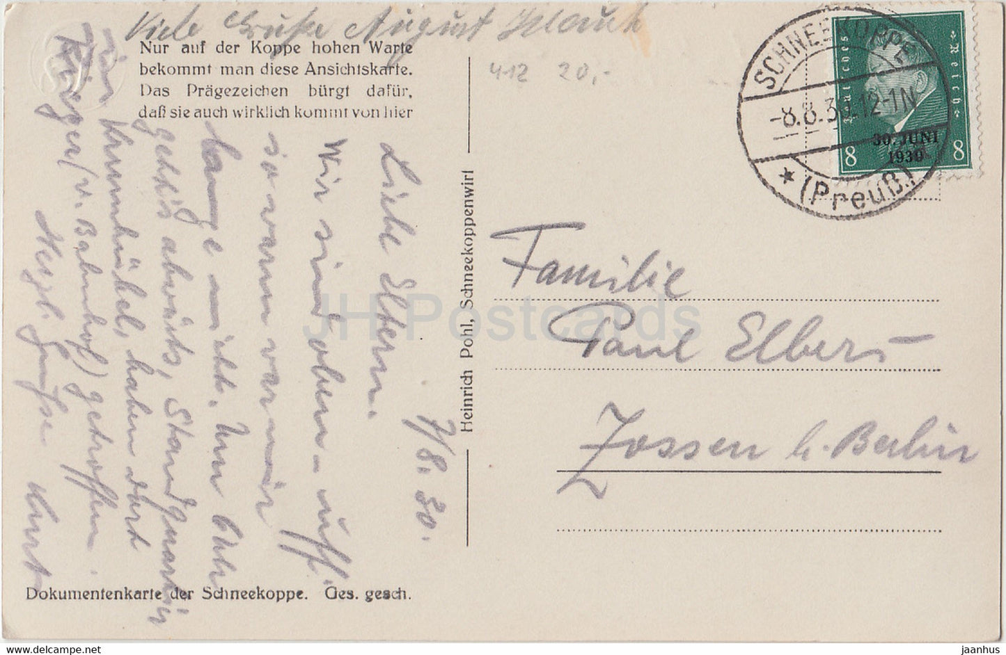 Riesengebirge - Die Schneekoppe - 1605 m von Osten Gesehen - carte postale ancienne - 1930 - Pologne - utilisé