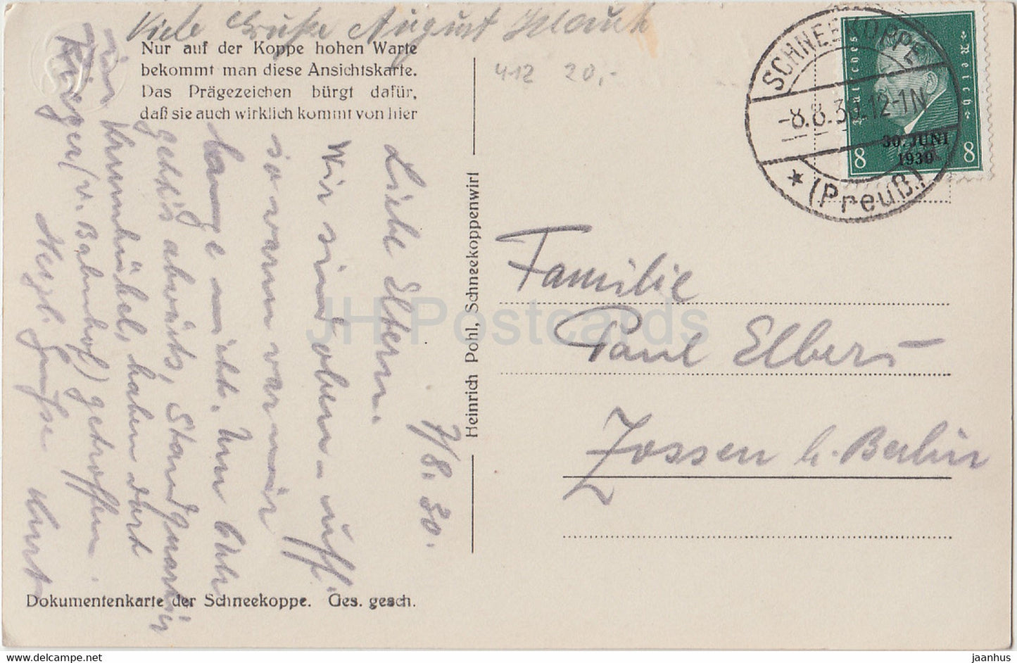 Riesengebirge - Die Schneekoppe - 1605 m von Osten Gesehen - alte Postkarte - 1930 - Polen - gebraucht