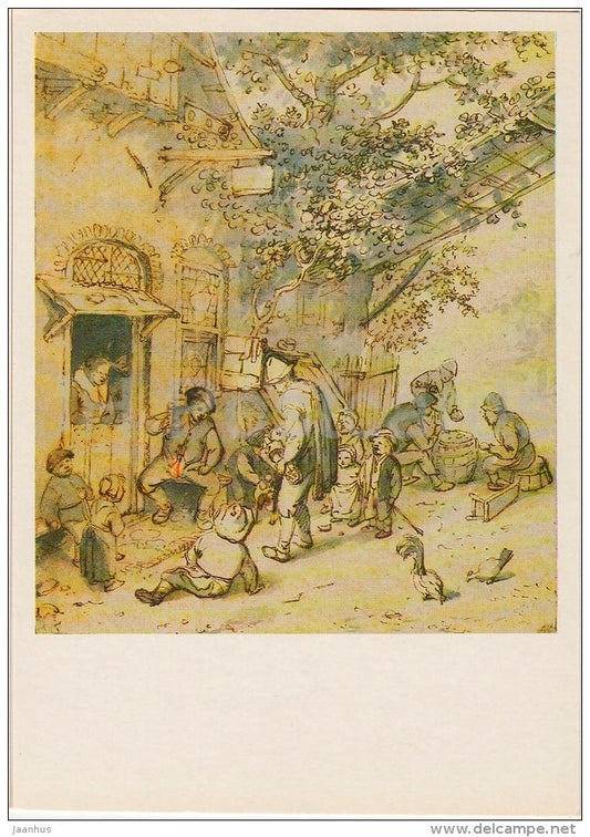 painting by Adriaen van Ostade - Bagpiper in front of the house of - Dutch art - Russia USSR - 1984 - unused - JH Postcards