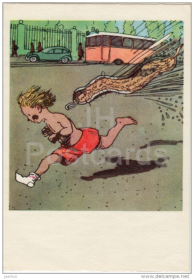 illustration - boy - rag - Moydodyr by K. Chukovsky - Wash-'em-Clean - fairy tale - 1970 - Russia USSR - unused - JH Postcards