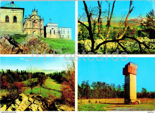 Gory Swietokrzyskie - Kosciol - widok z Lysej Gory - pomnik - church - monument - multiview - Poland - used - JH Postcards