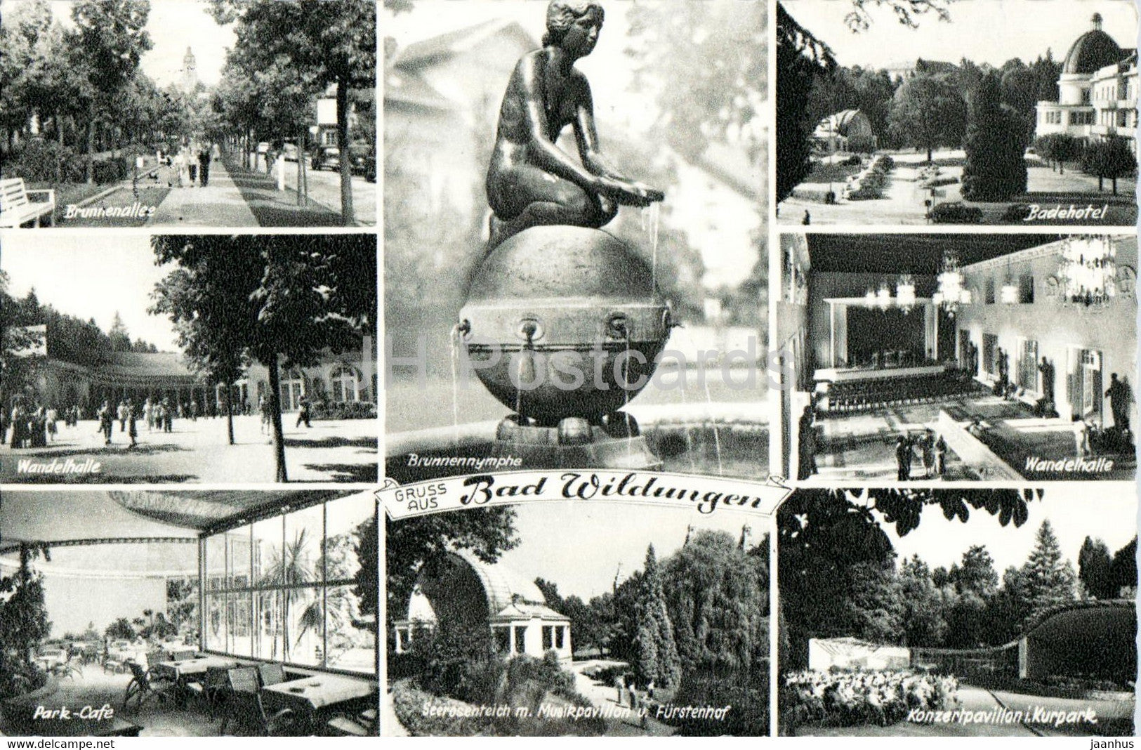 Gruss aus Bad Wildungen - Brunnennymphe - Badehotel - Wandelhalle - Park Cafe - old postcard - 1960 - Germany - used - JH Postcards