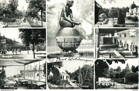 Gruss aus Bad Wildungen - Brunnennymphe - Badehotel - Wandelhalle - Park Cafe - old postcard - 1960 - Germany - used - JH Postcards
