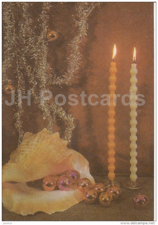 New Year Greeting Card - candles - shell - decorations - 1970 - Estonia USSR - unused - JH Postcards
