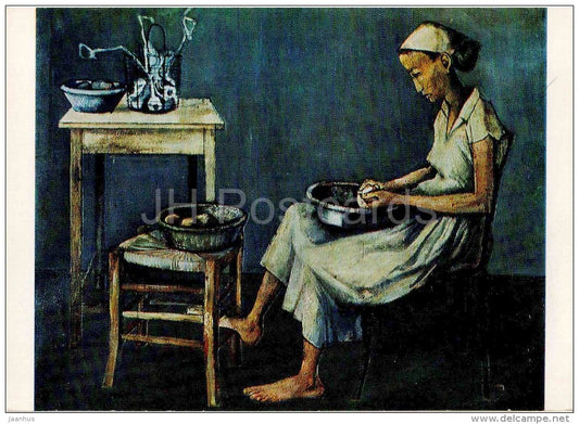 painting by A. Akopyan - Woman in the Kitchen , 1959 - potato peeling - armenian art - unused - JH Postcards