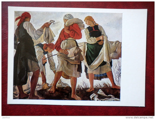 painting by Z. Serebriakova ,  Whitening Canvas 1917 - women - russian art - unused - JH Postcards