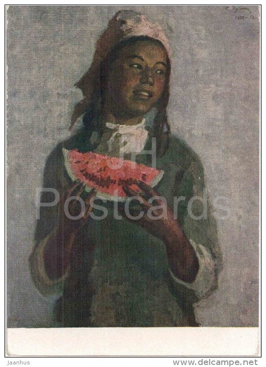 painting by S. Chuykov - Shepherd's daughter - watermelon - russian art - unused - JH Postcards