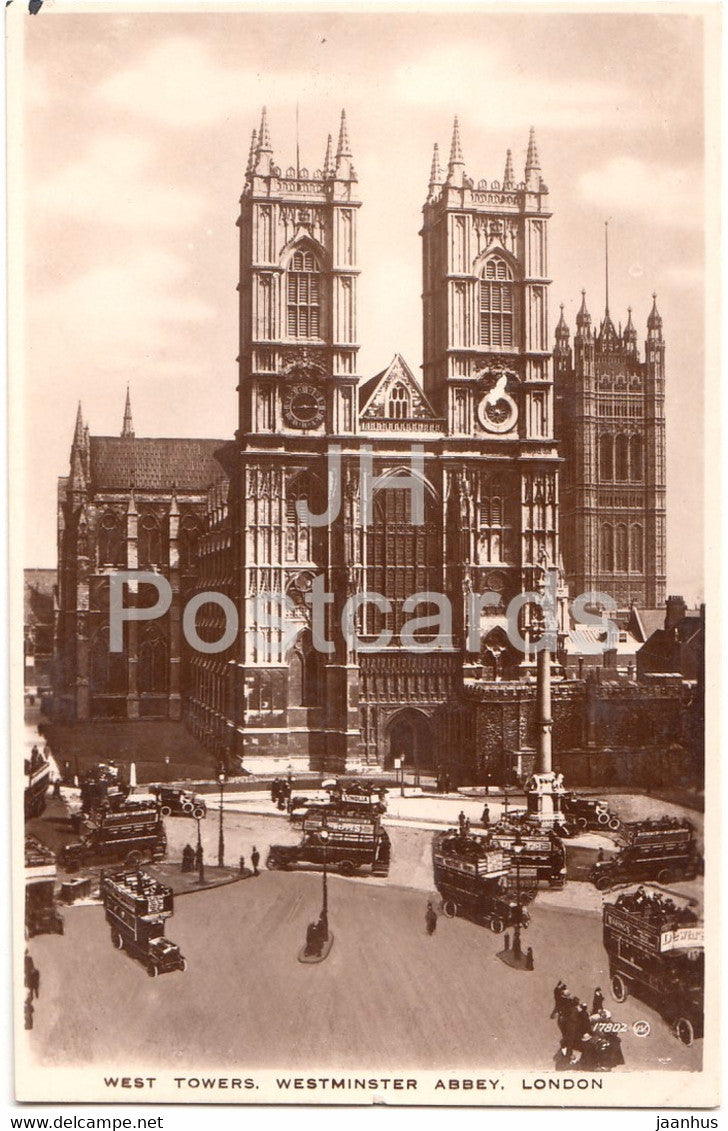 London - West Towers - Westminster Abbey - old bus - 17802 - old postcard - England - United Kingdom - unused - JH Postcards
