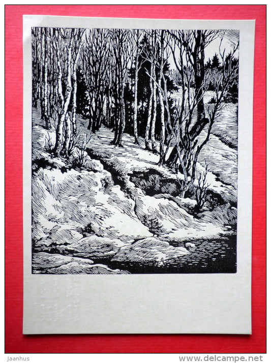 engraving by Arturs Duburs - The Last Snow - latvian art - unused - JH Postcards