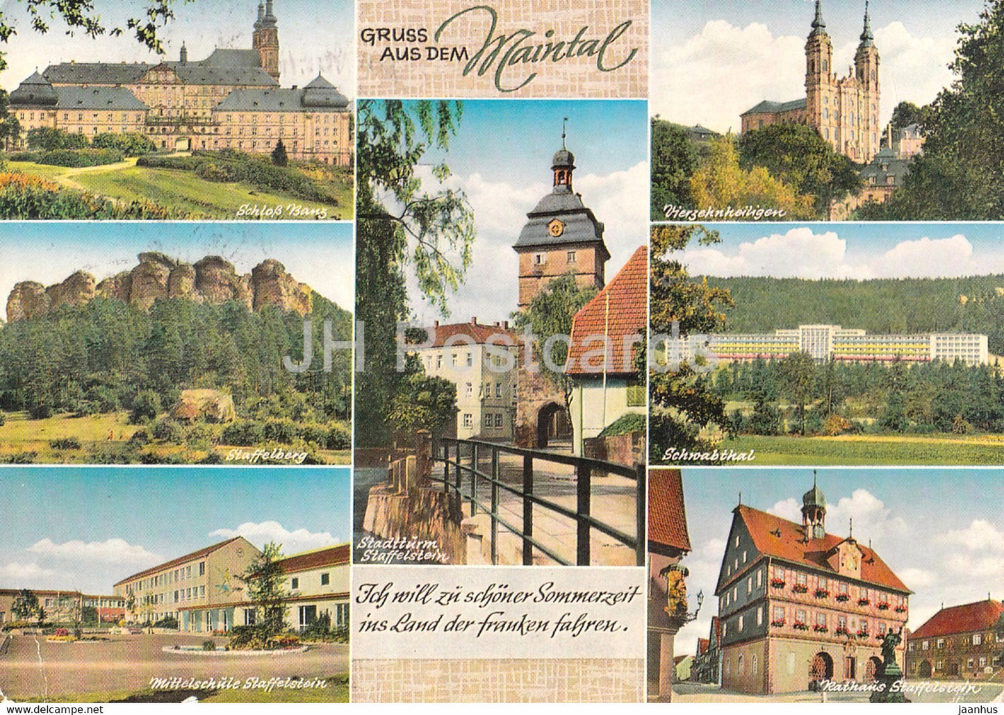 Gruss aus dem Maintal - Staffelberg - Vierzehheiligen - Schwabthal - Mittelschule - 1966 - Germany - used - JH Postcards