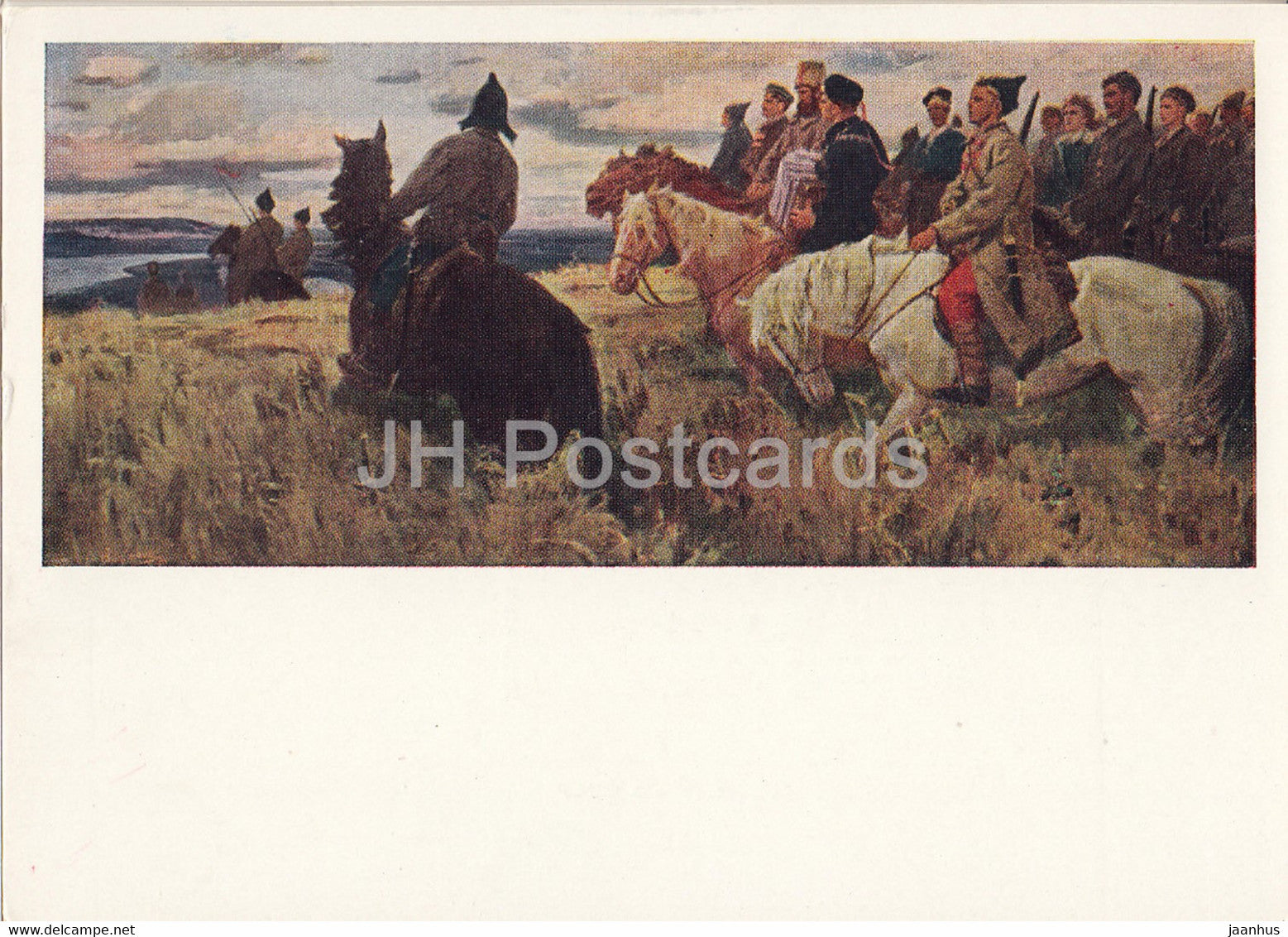 painting by Viktor Shatalin - Through valleys and hills - fighters - horse - Russian art - 1965 - Russia USSR - unused - JH Postcards
