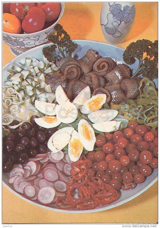 fish rolls with vegetables - egg - tomato - Fish Dishes - food - recepies - 1986 - Estonia USSR - unused - JH Postcards