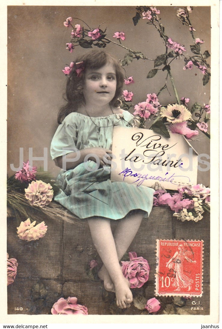 Vive la Saint - girl - children - 140 - G I Paris - old postcard - France - used - JH Postcards