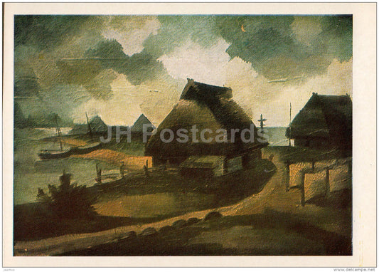 painting by J. Nõmmik - Saaremaa , 1929 - farm buildings - Estonian art - 1983 - Estonia USSR - unused - JH Postcards