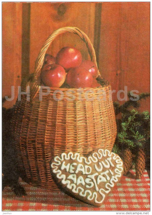 New Year greeting card - basket with apples - gingerbread - fir cones - 1976 - Estonia USSR - unused - JH Postcards