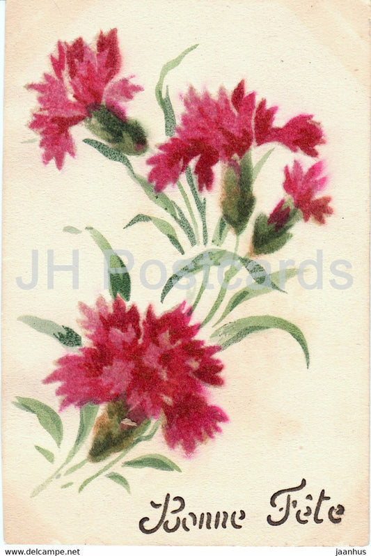 Birthday Greeting Card - Bonne Fete - flowers - carnation - illustration - old postcard - 1921 - France - used - JH Postcards