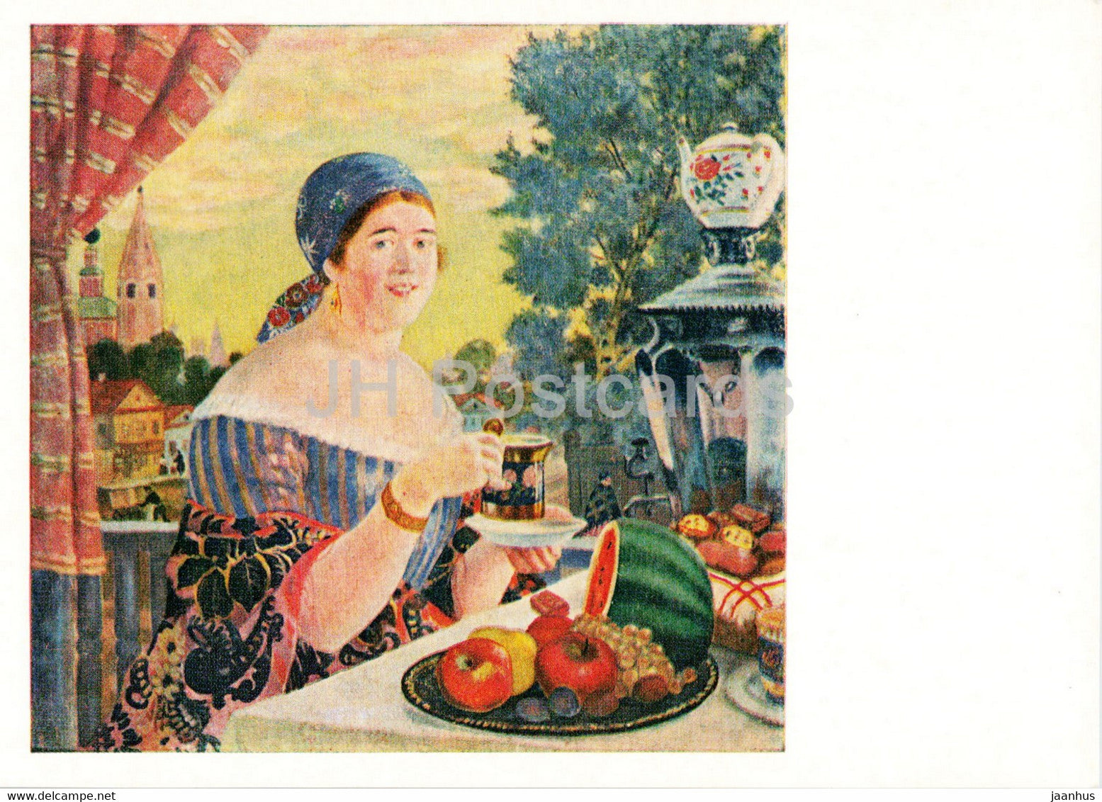 painting by Boris Kustodiev - Merchant woman drinking tea - samovar - Russian art - 1975 - Russia USSR - unused - JH Postcards