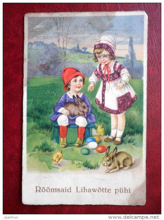 Easter Greeting Card - boy and girl - hare - chicken - EAS 1164 - circulated in 1929 - Estonia - used - JH Postcards