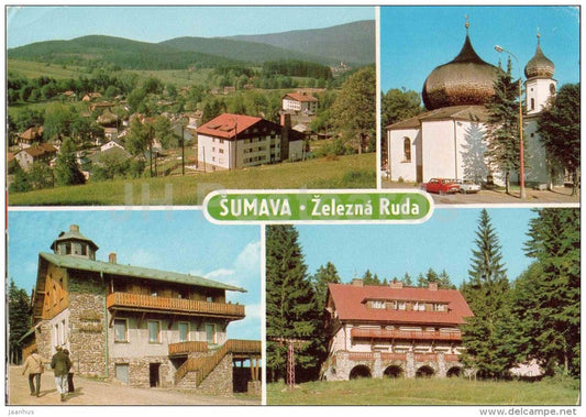 Sumava - Zelezna Ruda - church - cottage Pancir - hotel Hrncir na Spicaku - Czechoslovakia - Czech - used 1982 - JH Postcards