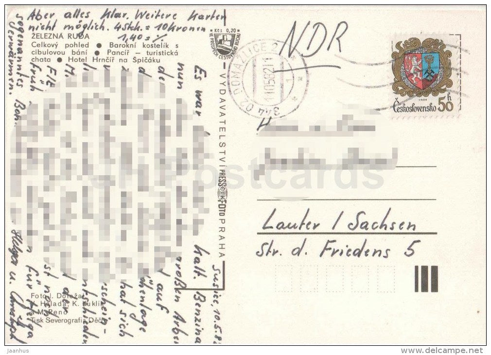 Sumava - Zelezna Ruda - church - cottage Pancir - hotel Hrncir na Spicaku - Czechoslovakia - Czech - used 1982 - JH Postcards