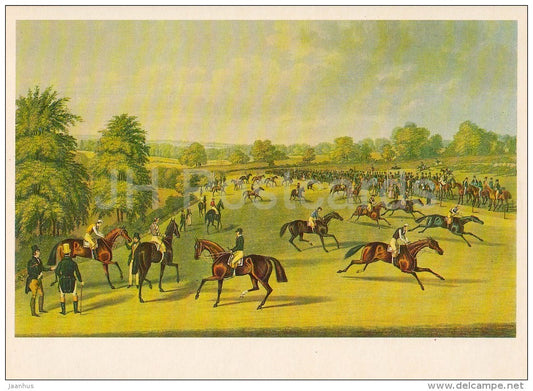 painting by Charles Hunt - Epsom . Preparation for start - horse race - English art - Russia USSR - 1984 - unused - JH Postcards