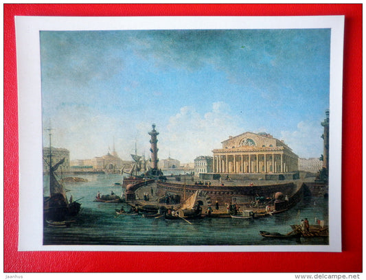 painting by F. Alekseyev . View the Stock Exchange and the Admiralty in St. Petersburg - ship - russian art - unused - JH Postcards