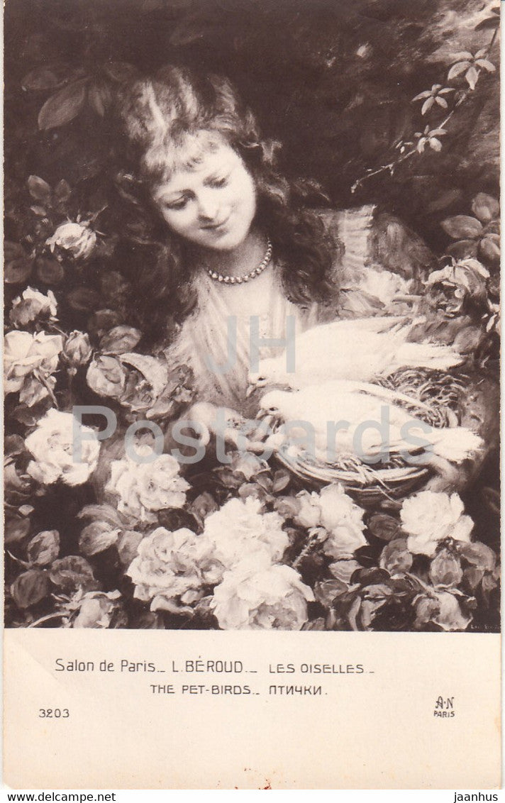 painting by L Beroud - Les Oiselles - The Pet Birds - woman - doves AN Paris 3203 - art - old postcard - France - used - JH Postcards