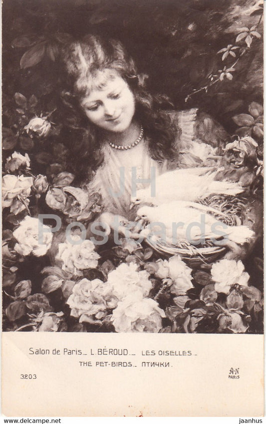 painting by L Beroud - Les Oiselles - The Pet Birds - woman - doves AN Paris 3203 - art - old postcard - France - used - JH Postcards