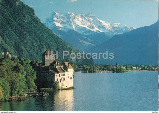 Chateau de Chillon pres Montreux - Lac Leman et les Dents du Midi - castle - Switzerland - unused - JH Postcards
