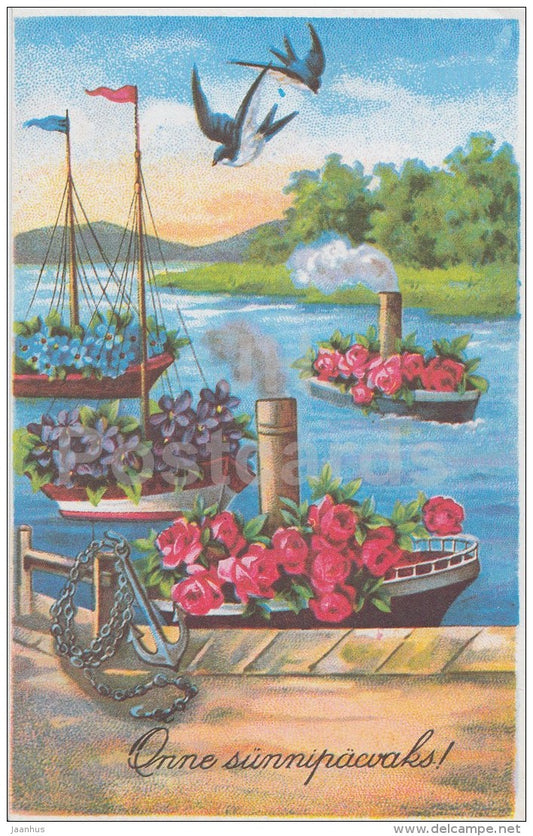 Birthday Greeting Card - 1 - steamer boats - birds - swallow - anchor - REPRODUCTION ! - 1991 - Estonia USSR - used - JH Postcards