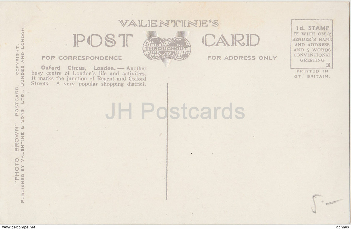 Londres - Oxford Circus - Valentine - voiture - bus - 220152 - carte postale ancienne - Angleterre - Royaume-Uni - inutilisé