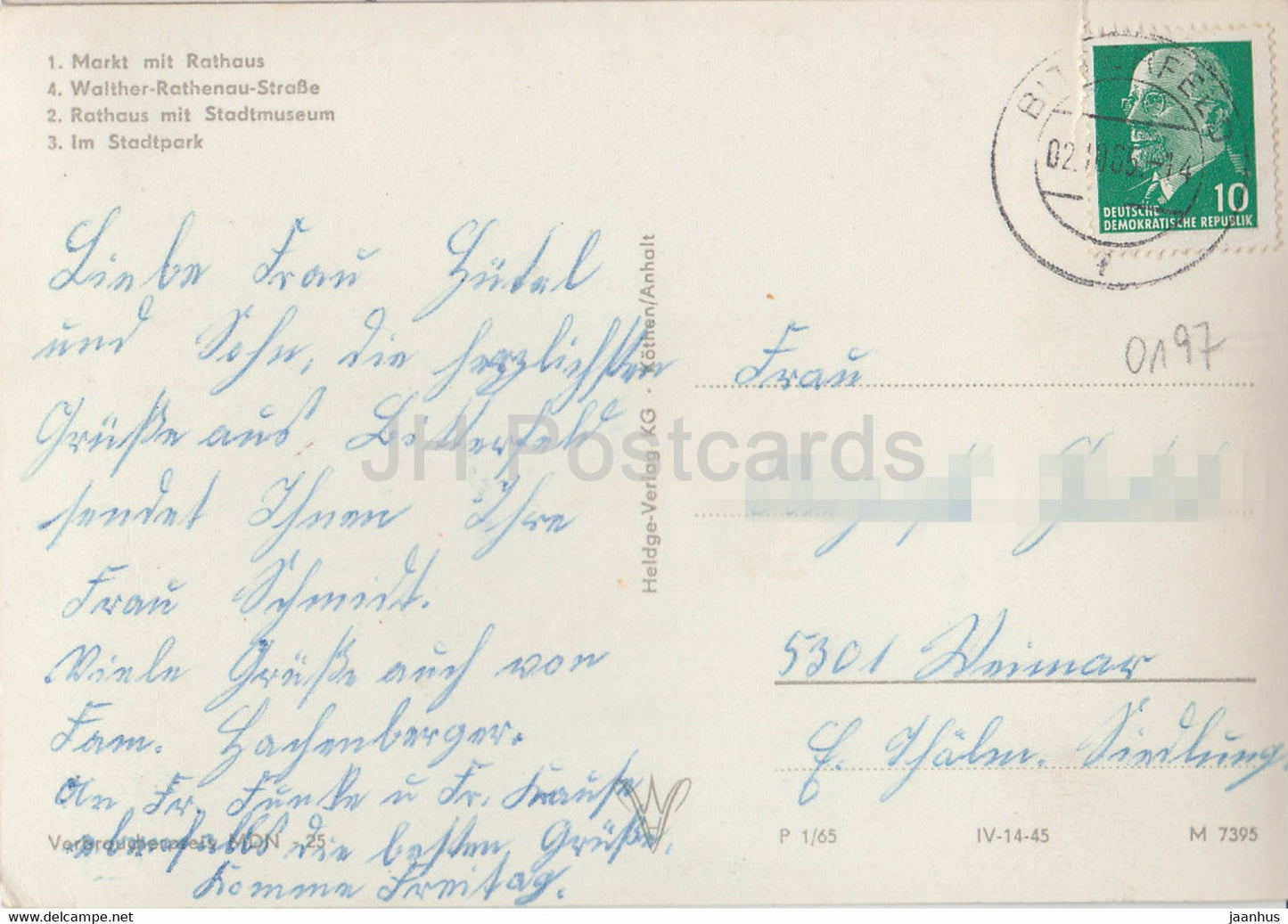 Gruss aus Bitterfeld - Markt mit Rathaus - Walther Rathenau Strasse - Im Stadtpark - 1965 - Allemagne DDR - utilisé