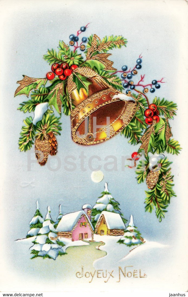 New Year Greeting Card - Joyeux Noel - bells - illustration - Cecami 4377 - old postcard - 1956 - France - used - JH Postcards