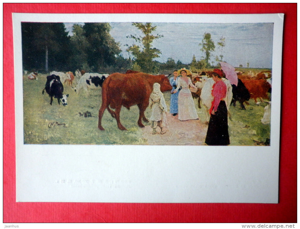 painting by Ilya Repin - Ladies walking among the Cows - cow - russian art - unused - JH Postcards