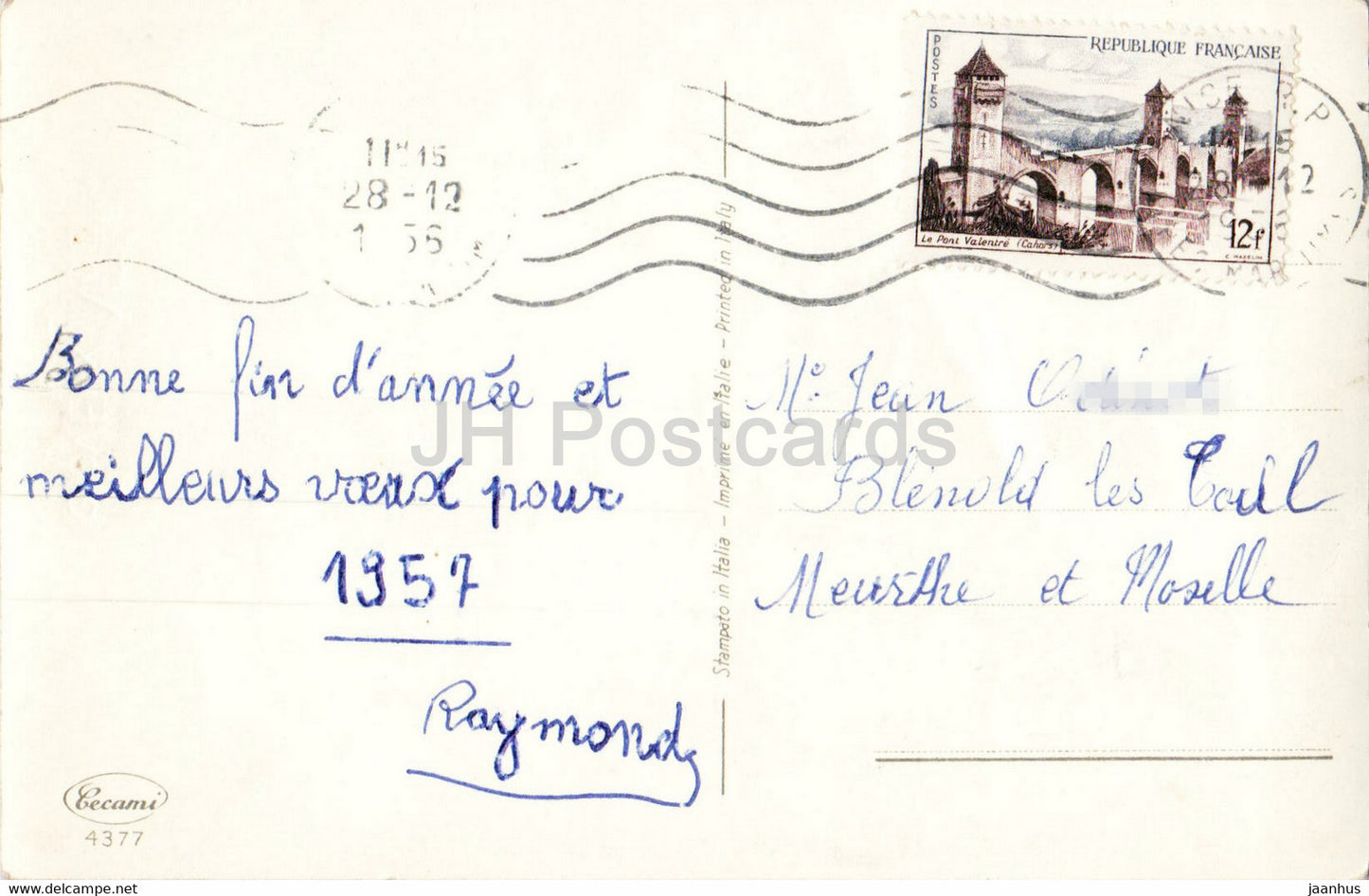 New Year Greeting Card - Joyeux Noel - bells - illustration - Cecami 4377 - old postcard - 1956 - France - used