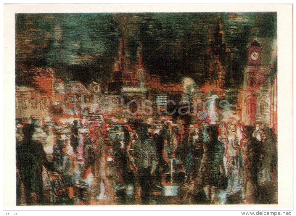 painting by A. Demko - Komsomol Square , 1980 - Moscow - russian art - unused - JH Postcards