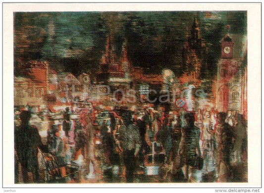 painting by A. Demko - Komsomol Square , 1980 - Moscow - russian art - unused - JH Postcards