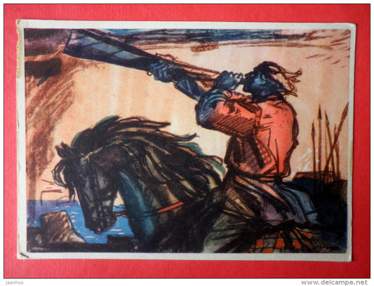 illustration by E. Okas - War Message - Kalevipoeg - Estonian national epic poem - 1961 - Estonia USSR - unused - JH Postcards