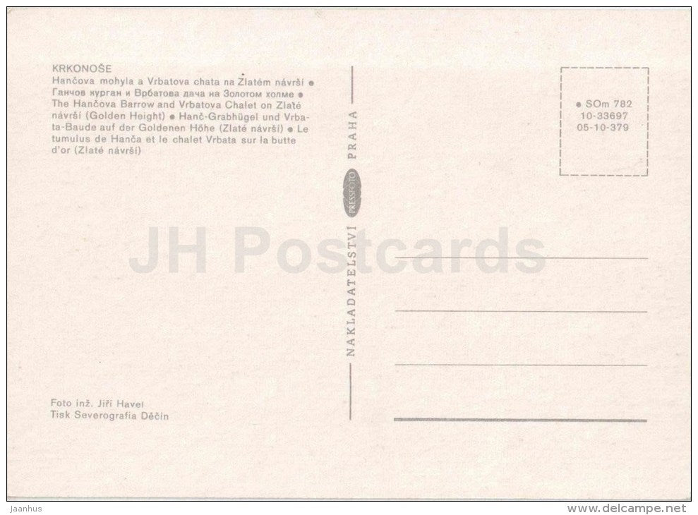 Krkonose - The Hancova Barrow and Vrbatova Chalet on Zlate navrsi (Golden Height) - Czechoslovakia - Czech - unused - JH Postcards