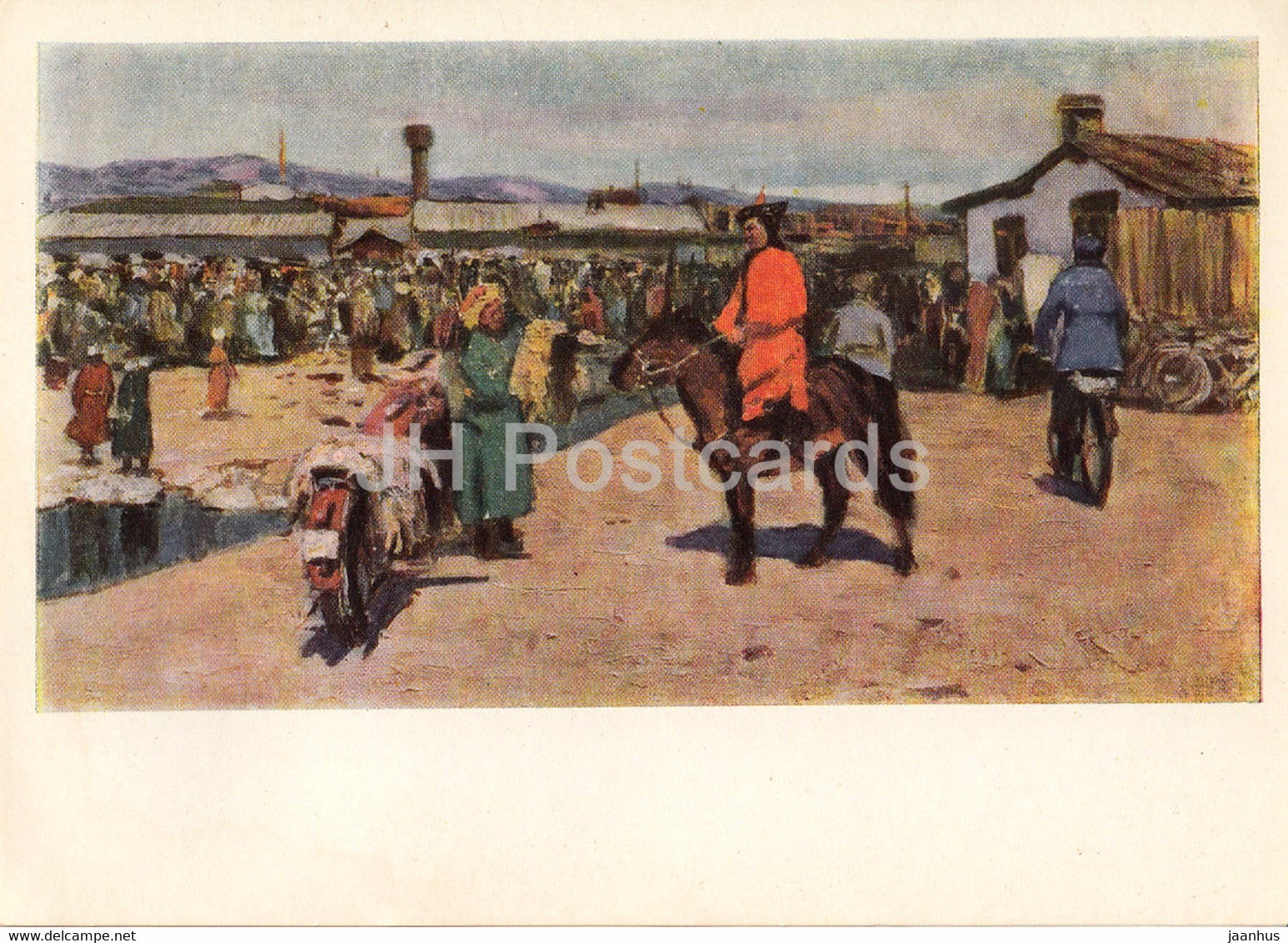 painting by A. Stroganov - Bazaar - market - horse - motorbike - Mongolian art - 1966 - Russia USSR - unused - JH Postcards