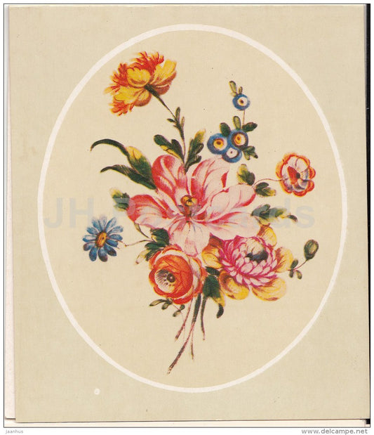 mini birthday greeting card - floral design on a porcelain plate - France , Clignancourt - 1986 - Russia USSR - unused - JH Postcards
