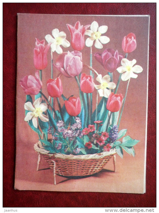 telegram - flowers composition - tulips - narcissus - flowers - 1986 - Russia USSR - used - JH Postcards