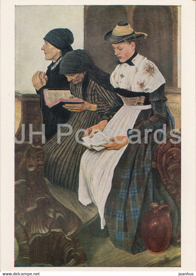 painting by Wilhelm Leibl - In der Dorfkirche - In the Village Church  folk costumes - German art - Germany DDR - unused - JH Postcards