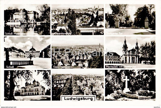 Ludwigsburg - Stuttgarter Tor - Schloss - Marktplatz mit Stadtkirche - old postcard - 1958 - Germany - used - JH Postcards